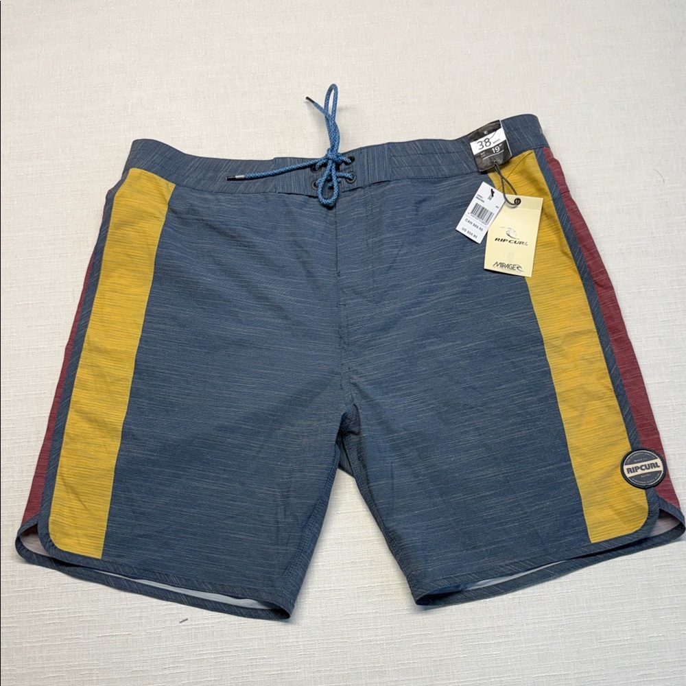 Rip Curl Men's Blue Swim Board Shorts with Yellow Panels and Red Trim